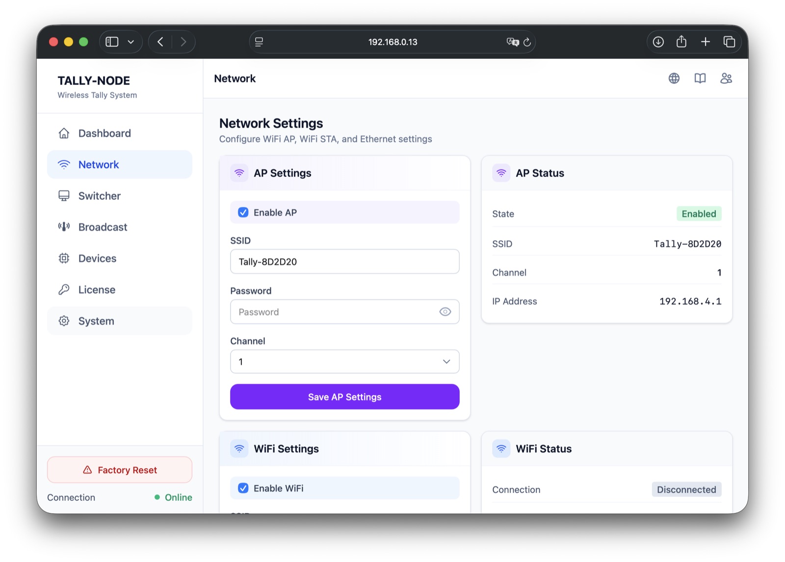 Network settings screen 1