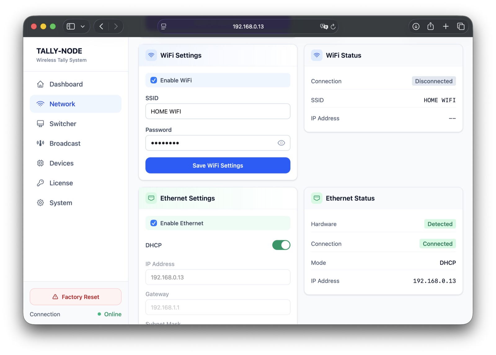 Network settings screen 2