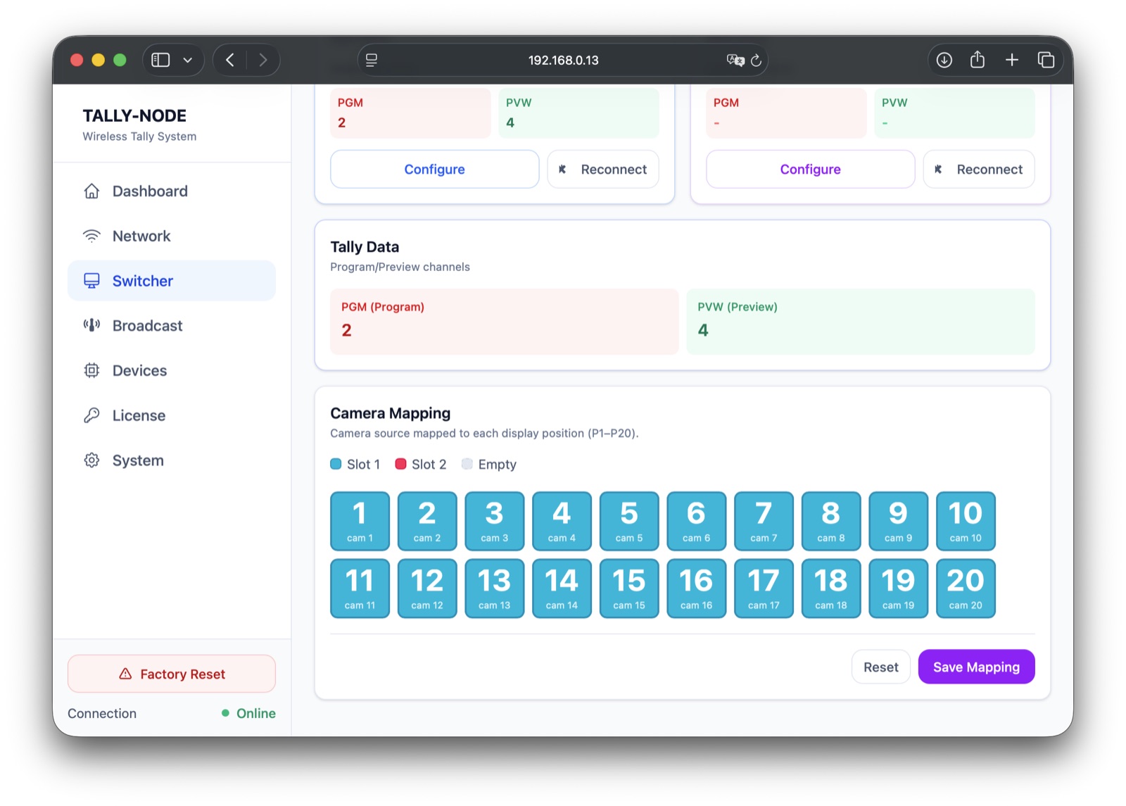 Switcher settings screen 2