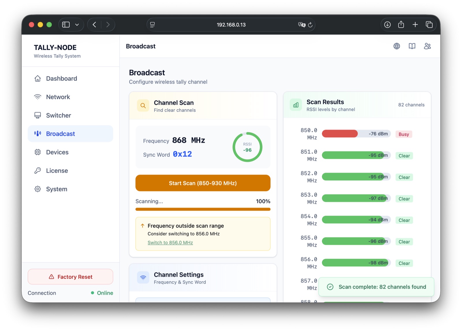 Broadcast settings screen 1